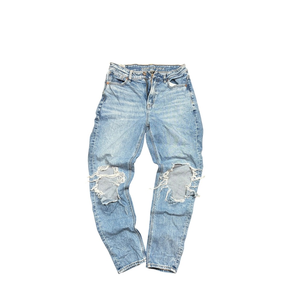 American Eagle Strigid Mom Jeans Light Wash Distressed Blue Denim Womens Size 2
